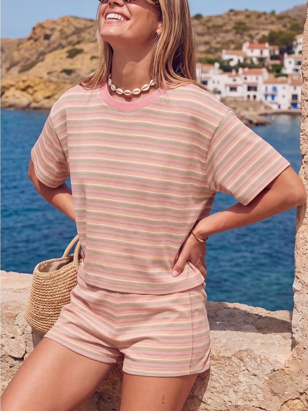 Women's Lounge Set- Pastel Striped Pink